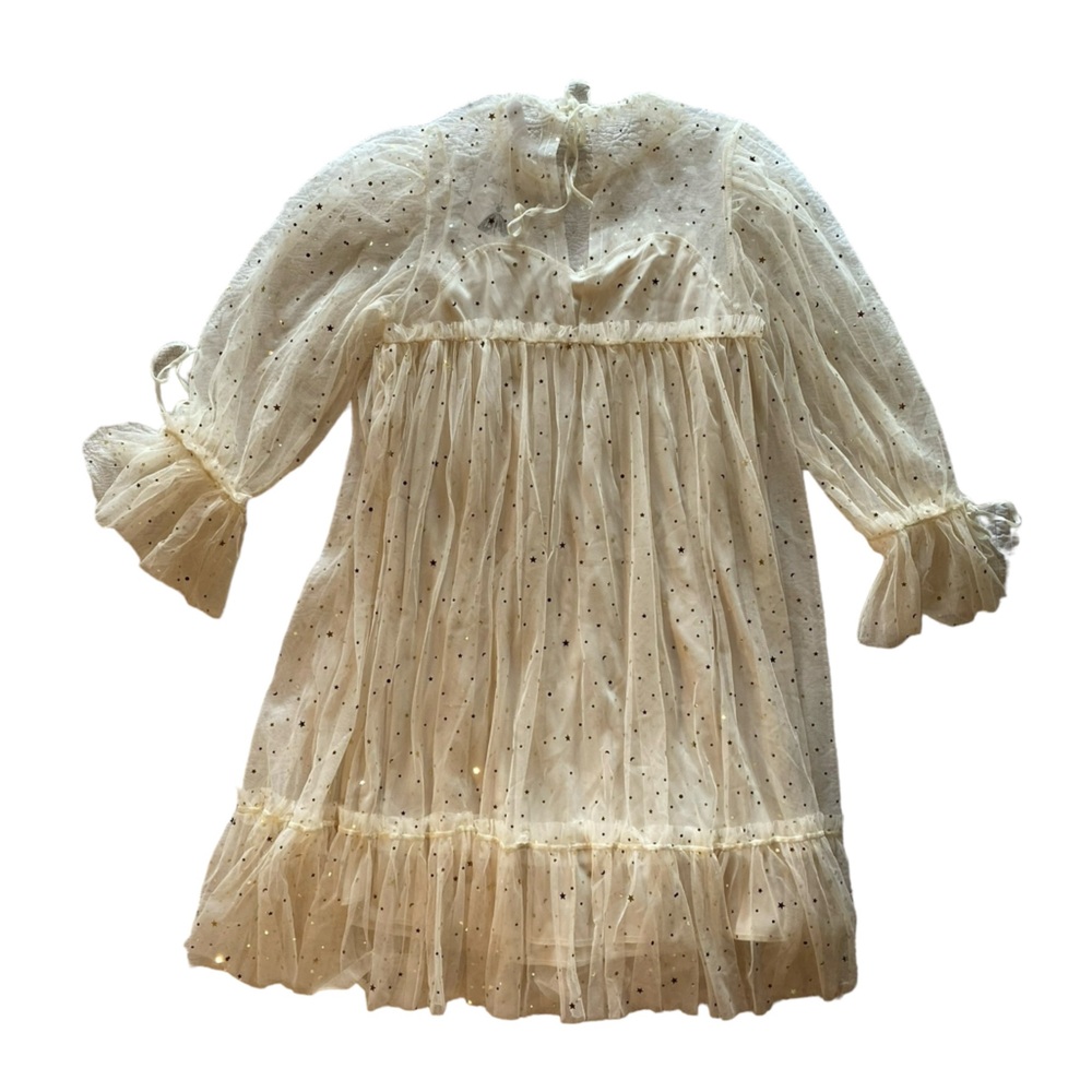 Stunning Whimsical Cream Gold Star Sheer Lined Long Sleeves Dress New Condition! - Picture 2 of 14